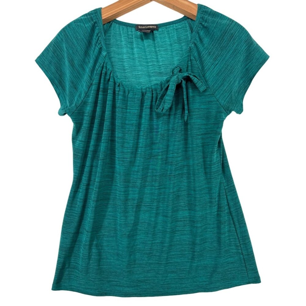 Susan Lawrence Womens Top Sz L Green Heathered Slinky Gathered Neck Modern Femme